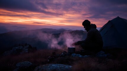 Obraz premium Silhouette of a hiker cooking beside a tent on a mountain slope during a vibrant twilight sky
