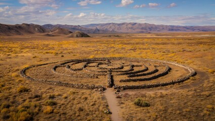 Aerial view of stone labyrinth in desert landscape with mountains in the distance