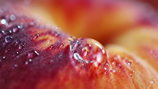 Super close-up of the shining drop of water flowing down the surface of a ripe juicy peach in slow motion