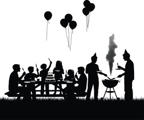 Silhouette of a family and friends celebrating a birthday with a cake and barbecue Keywords: birthday, party, silhouette, people
