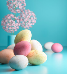Colorful Easter eggs with flowers lying on turquoise pastel colored background - 3D illustration	

