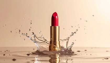 Red lipstick in gold-black casing splashed with water — elegance meets dynamic impact on beige.