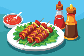 Vibrant Skewered Delight A Colorful Still Life of Grilled Meat and Vegetables with Sauce Bottle on a Plate