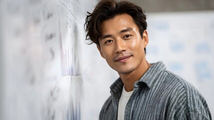 Smiling Asian entrepreneur planning business strategy on a whiteboard in a modern startup office environment