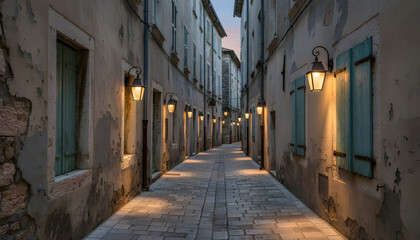 Fototapeta premium Narrow cobblestone alley with vintage street lamps at dusk.