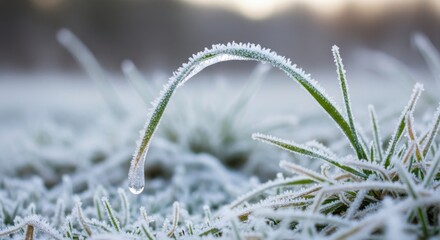 Photo of closeup of a blade of grass covered in frost with a water droplet hanging from its tip, on a cold winter morning with soft focus background
