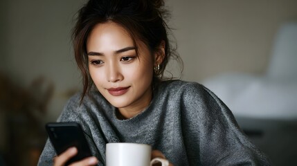 Young Asian woman looking at her smartphone screen while holding a coffee mug displaying a focused and calm expression indoors