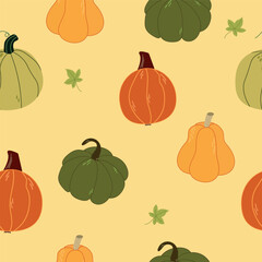 Seamless pattern with pumpkins and green pumpkins leaves. Harvest, Thanksgiving day concept. 
Wrapping paper template. 