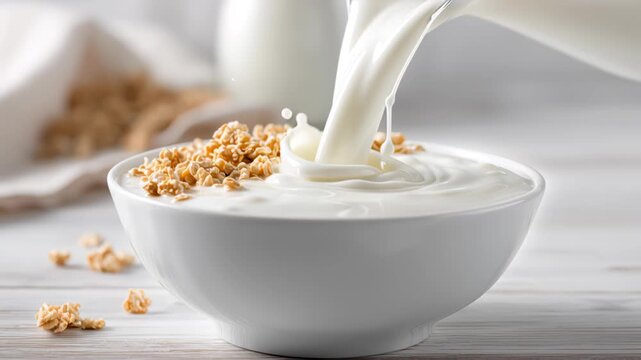 Milk yogurt white color pour into white glass bowl close-up. Stream of cream falling into bowl. Dairy products. Fresh pasteurized cream pouring into bowl to combine with granola for breakfast