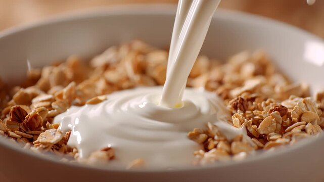 Milk yogurt white color pour into white glass bowl close-up. Stream of cream falling into bowl. Dairy products. Fresh pasteurized cream pouring into bowl to combine with granola for breakfast