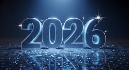 image of a blue-tinged 2026 sign with dramatic lighting, volumetric and detailed 3D writing, with glittering stars and a shining reflection on a damp surface