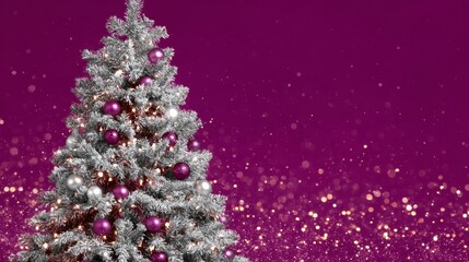 Elegant Christmas Tree Adorned with Shiny Purple Baubles Against a Sparkly Purple Background