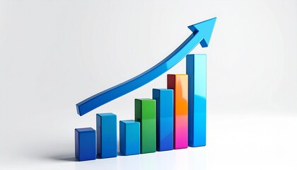 3D bar graph with upward arrow — blue gradient bars showing growth on neutral gray background.