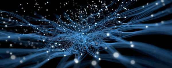 Abstract glowing blue network of connected lines and nodes on a dark background, futuristic neural web design ideal for technology, AI, or data concepts.