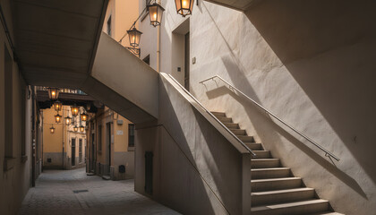 Fototapeta premium Narrow alleyway with stairs and vintage lanterns illuminating the walls.