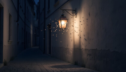 A serene alley illuminated by a vintage lamp at dusk.