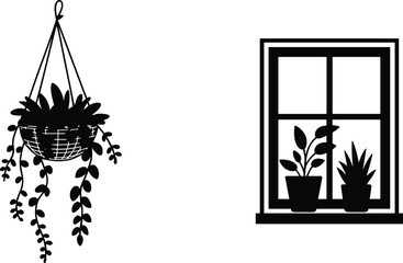Minimalist black and white plant illustration, hanging plant and potted window plants, interior decor graphic, modern home botanical art