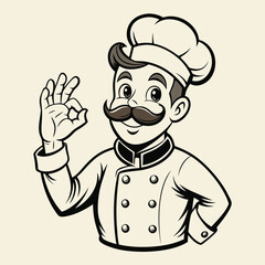 Obraz premium Vintage Cartoon Chef Character Making Okay Sign with a Mustache and Chef Hat in Monochrome Vector Illustration