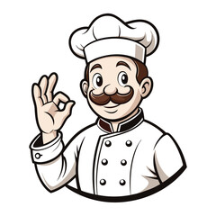 Vintage Cartoon Chef Character Making Okay Sign with a Mustache and Chef Hat in Monochrome Vector Illustration