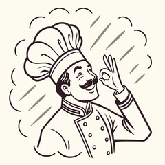 Vintage Cartoon Chef Character Making Okay Sign with a Mustache and Chef Hat in Monochrome Vector Illustration