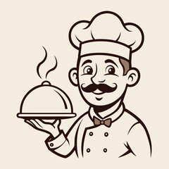 Vintage Chef Cartoon Character Holding a Silver Serving Tray with Steaming Food Ready to be Served Gracefully