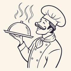 Vintage Chef Cartoon Character Holding a Silver Serving Tray with Steaming Food Ready to be Served Gracefully