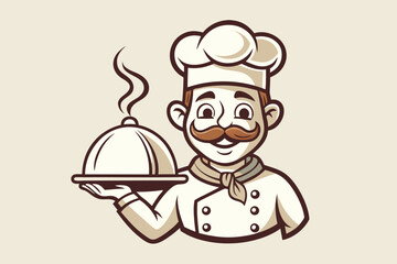 Vintage Chef Cartoon Character Holding a Silver Serving Tray with Steaming Food Ready to be Served Gracefully