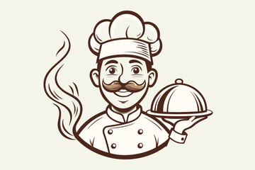Vintage Chef Cartoon Character Holding a Silver Serving Tray with Steaming Food Ready to be Served Gracefully
