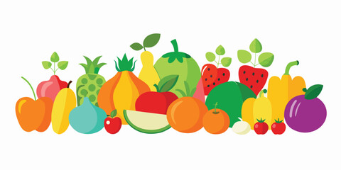 Colorful Flat Vector Illustration of Fresh Fruits and Vegetables for Healthy Eating and Lifestyle Promotion or Food Related Designs