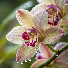 Close up of a light yellow and pink orchid flower covered in water droplets with a blurred green background created with generated ai
