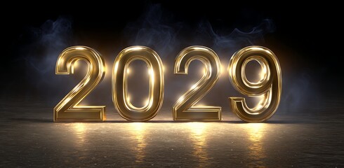 Golden 2029 numbers shine with smoke and light