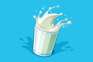 Refreshing Glass of Milk with a Dynamic Splash Against a Serene Blue Backdrop, Evoking a Sense of Purity