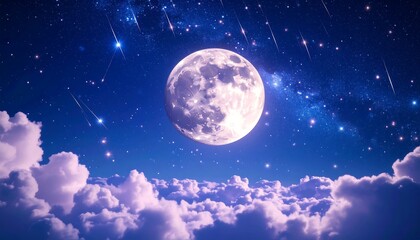 Starry night, full moon, clouds