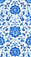 Floral pattern design featuring intricate blue flowers and leaves on a white background, showcasing elegant artistry and vibrant colors for decorative purposes