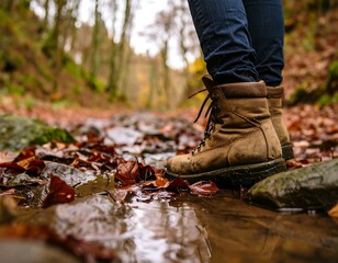 Hiking boots in autumn forest creek