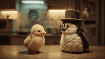 Two plush toys, a chick and a penguin, on a countertop