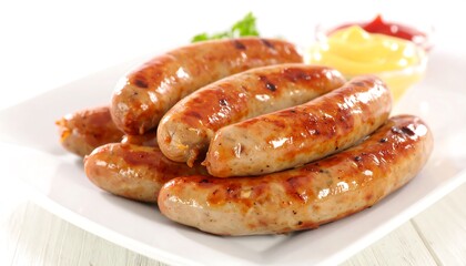 Grilled sausages on a plate with condiments