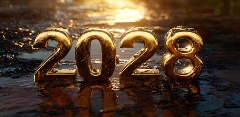 Stunning 2028 golden numbers reflect on wet surface