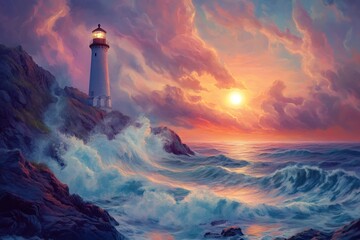 White lighthouse on rocky coast overlooking a stormy sea with waves crashing against rocks at sunset, illuminated by warm sunlight and dramatic clouds