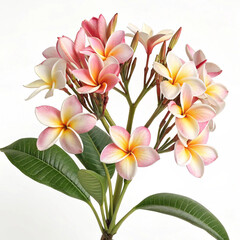 Fototapeta premium A beautiful close up of pink and white plumeria flowers with green leaves on a white background studio shot created with generated ai