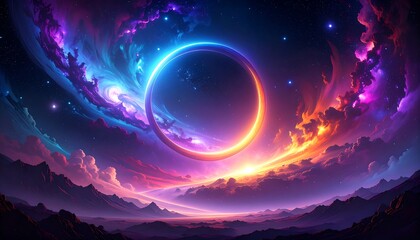 Colorful celestial ring over a landscape of mountains and clouds