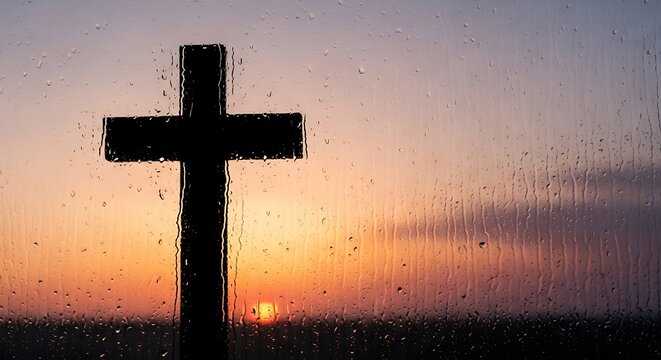 Sunset Cross Rain Silhouette Window.