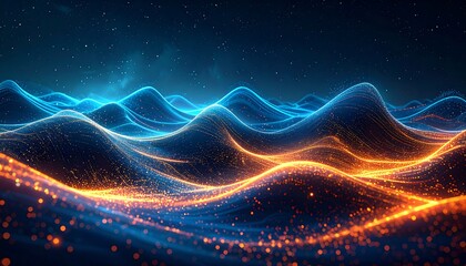 Abstract digital landscape of glowing particles