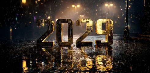 Golden 2029 numbers gleam in rainy city night