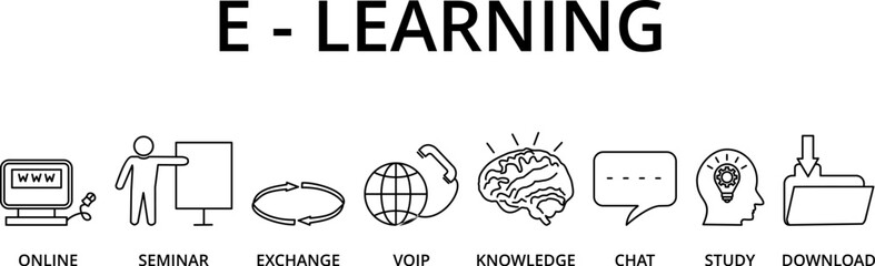 Banner e-learning concept. Chart with symbols and keywords