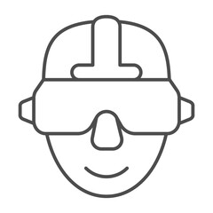 Head of man in VR glasses thin line icon, optical equipment concept. Vector graphics. Human head in virtual reality glasses sign on white background, outline style icon for mobile or web design.