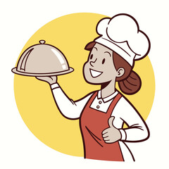 Cartoon Chef Presenting a Dish with Flair Animated Kitchen Professional and Culinary Service Personified by her Joyful Expression
