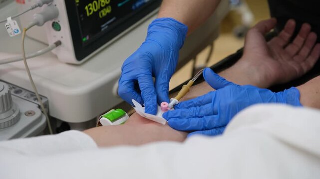 Medical professional wearing gloves inserts an iv cannula into a patient's arm, ensuring proper placement and securing it with tape in a clinical setting