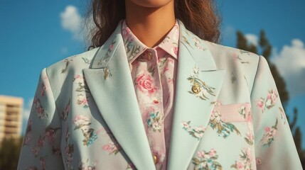 Floral fashion ensemble with pastel blazer and rose-patterned blouse against a blue sky background