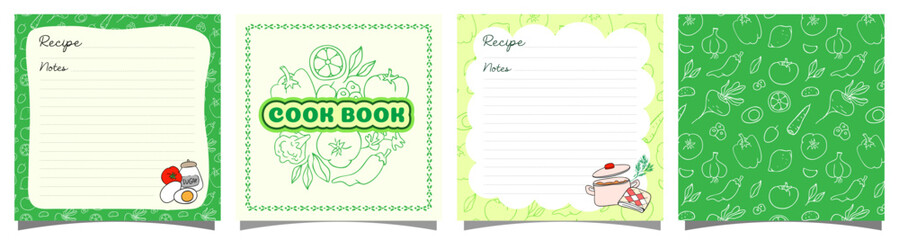 set of book square template blanks with seamless pattern, reminder, menu, notes,  doodle, hand drawn, vector